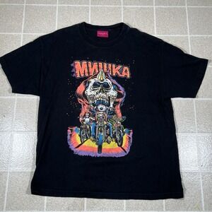 Vintage Y2K Mishka MNWKA NYC Flaming Biker Streetwear Graphic Shirt Size XL